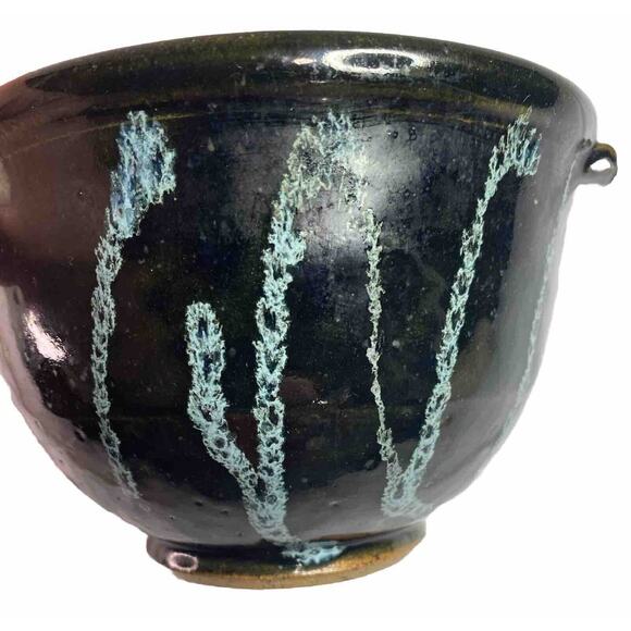 VTG Dough Bowl Studio Pottery Batter Spout Black Blue Signed Boho Whimsygoth 70s - Picture 14 of 15